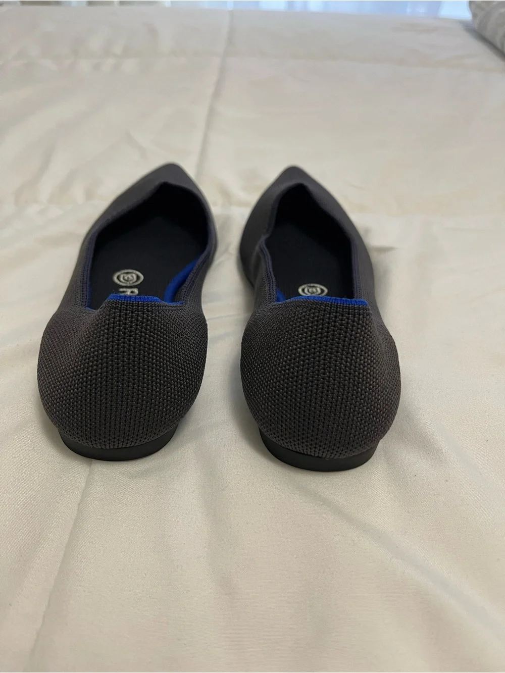 Rothy's Pointed Knit Flats in Charcoal with Blue Trim